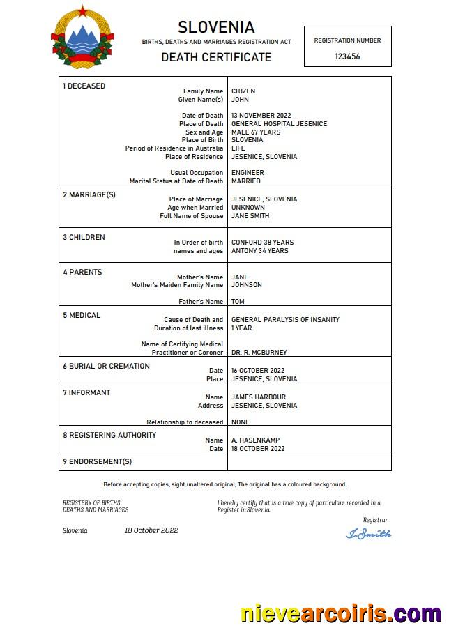 Slovenia vital record death certificate